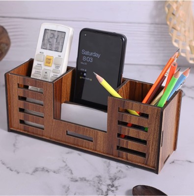 UrbanLane 4 Compartments Wooden Pen, pencil,remote and visiting card holder(Brown)