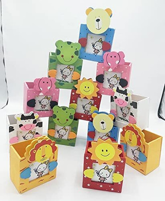 Gold Leaf 1 Compartments Wood Pen Stands,Animals Theme Design Pen Stand with Photo Frame (Pack OF 12)(Multicolor)