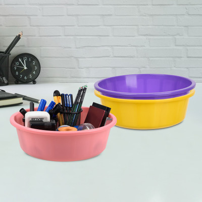 KUBER INDUSTRIES 3 Compartments Plastic Desk Organizer(Yellow & Purple & Light Pink)