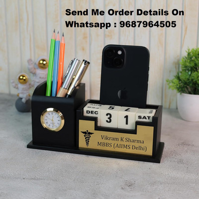 ASIMAGEMS 2 Compartments Doctor Pen Stand | Desk Organizer for Doctors and Medical Aspirants with Apron/ Pencil Holder, Clock, Calendar and Personalized Name Engraved Plate(Black)