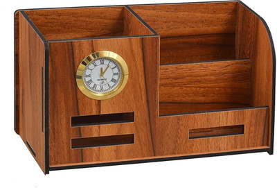 BANISTROKES 3 Compartments Wooden Pen & Pencil Holder With Watch And Business Card Stand For Office Table Wooden Stand With Watch For Pen / Pencil / Mobile / Visiting / Business Card Box(Brown)