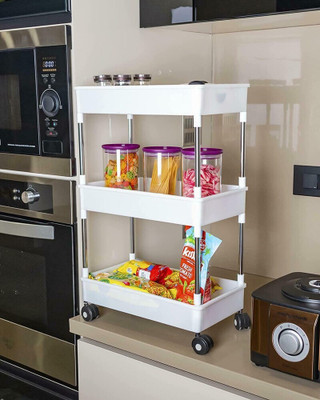 MGKENTERPRISE 3 Compartments plastic Plastic Kitchen Storage Trolley(White)