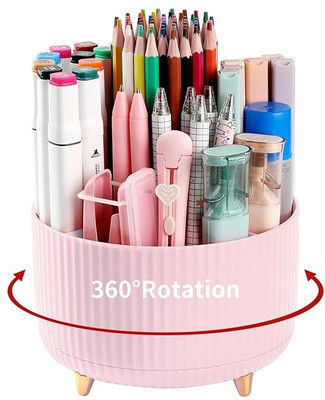 CountryLink 5 Compartments ABS Plastics 360° Rotating Makeup & Stationery Organizer – Multi-Purpose Plastic Holder(Pink)