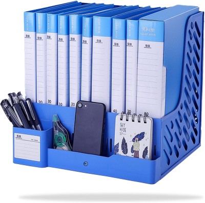 KRAPTICK 8 Compartments Plastic File Rack with Pen holder(Blue)