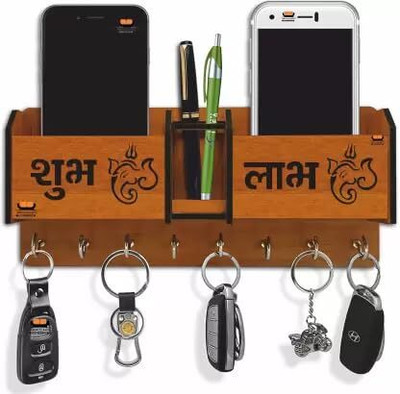 ravariya graphics 2 Compartments wooden Key Holder Stand Mobile Stand Subh Labh Ganpati(Brown)