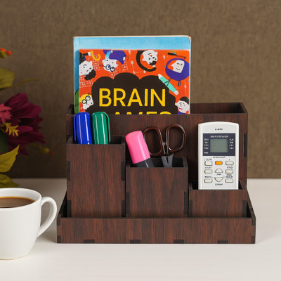 Craftzo 4 Compartments Wood Finish Desk Organsior / Pen Stand / Pen Holder / Book Holder / Visiting Card Holder(DARK BROWN)