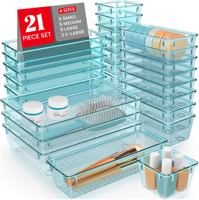KITCHKART 21 Compartments Plastic Drawer Organiser Tray/Multi-Purpose Drawers Organisers/Dressing Table Organiser(SEA GREEN)