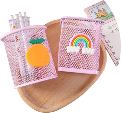 DCELLA 1 Compartments Metal Pen, Pencil Storage Box Pen Stand(Pink)