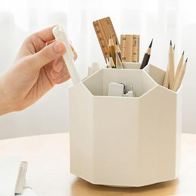 CHAHITU 5 Compartments Plastic Pen Stand for Study Table(White)