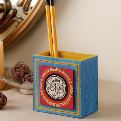VarEesha 1 Compartments Wooden Pen Stand(Blue)