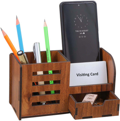OCHHAV 4 Compartments Multi-Functional Wooden Desk Organiser, Pen Stand/Pencil Stand with Drawer , Stationery Stand for Office and Students use - Mobile Holder for Desk(Brown)
