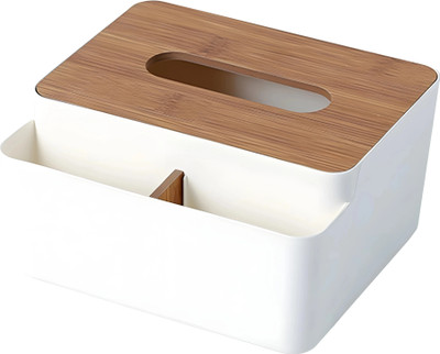 Jinila 3 Compartments Plastic Tissue Paper Storage Holder with 2 Compartment Remote, Stationery Storage(White)