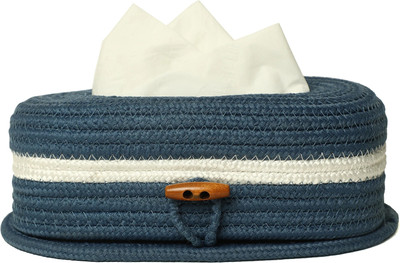 AURKA 1 Compartments PP & Cotton Blend Tissue Box Holder Blue(Oval Tissue Box Holder 3x5x11.7 Inch Handcrafted with Wooden Button 100 Pulls)