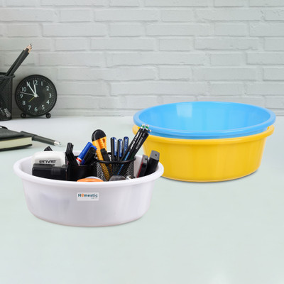 HOMESTIC by Kuber Industries 3 Compartments Plastic Desk Organizer(Yellow & Sky Blue & White)