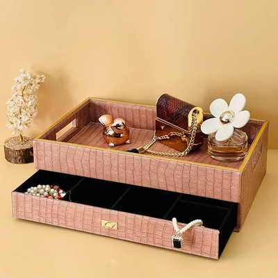 casagold 8 Compartments Leather, Wood Home/ Office Tea serving tray with an inbuilt organizer of 8 compartments,(Tan Brown)