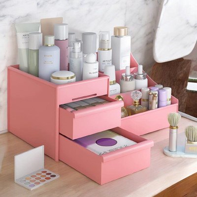 DNkitch 7 Compartments Plastic Makeup Organiser(Pink)