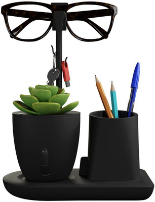 Infinite Variety 1 Compartments EO Pen Stand for Study Table with Self-Watering Plant Pot, Glasses & Mobile Holder Acrylonitrile Butadiene Styrene(Black)