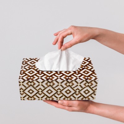 casagold 1 Compartments MDF Wood Resin Coated Printed Tissue Box for Home, Kitchen, Car Tissue Holder(Brown, White, Gold)