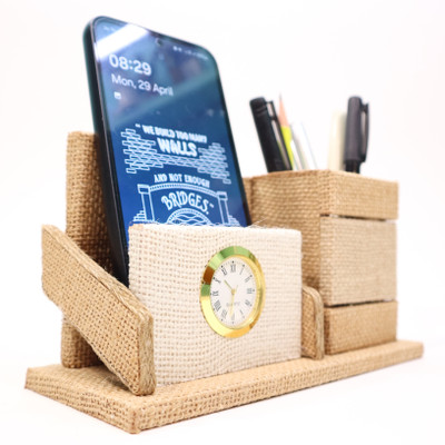 Tossa 2 Compartments Jute Pen Mobile Phone Holder Stand with & Clock, Desk Organizer, Supplies Storage(White)