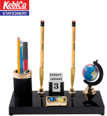 Kebica 5 Compartments Acrylic Pen Stand with Globe ,1 Pen & Calendar for Office desk Organizer(black & golden)