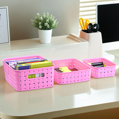 KUBER INDUSTRIES 3 Compartments Plastic Desk Organizers(Pink)