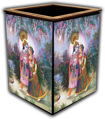 pnf 1 Compartments wooden Colourful Wooden Pen Stand with photo of Radha Krishna -1768(Multicolor)