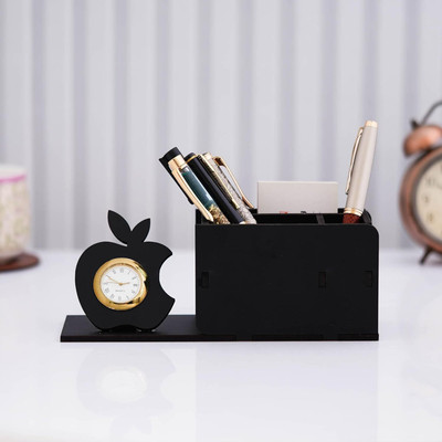 WEBELKART 3 Compartments Wooden Pen Stand(Black)