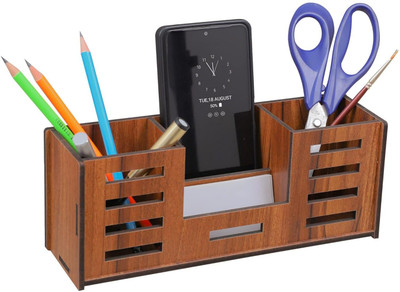 ASIMAGEMS 4 Compartments Pen Stand with Remote, Business Visiting Card & Mobile Holder | Multipurpose Desk Organizer for Office and Study Table(Brown)