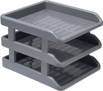 Shivom 3 Compartments plastic Deluxe Desk File Organizer– Premium Desk Tray for Letters, Documents, Files(Grey)