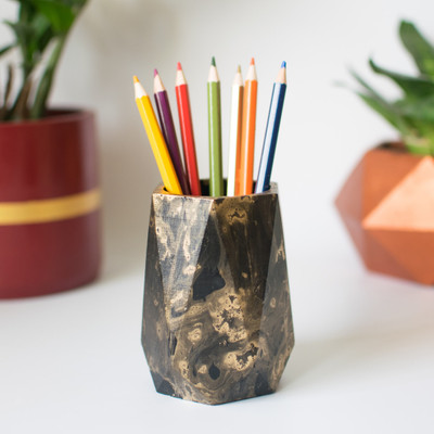Dwell dapper 1 Compartments Concrete Pen Stand(Black, Golden)