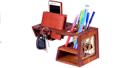 Olha-O 4 Compartments Bell Metal, Sheesham wood pen stand(Brown, Gold)