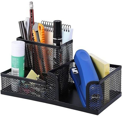 SkyFurnish 3 Compartments Metal Mesh 3 Compartment Metal Mesh Desk Organizer(Black)