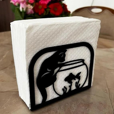 ALMADINAART 1 Compartments iron Decorative Cat and Fish Bowl Napkin Holder(Black)