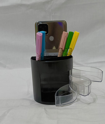 jfktrading 7 Compartments Plastic Tabletop Pen Stand and Mobile Holder(Black)