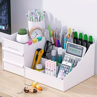 Adefex 9 Compartments Plastic All-in-One Desk Organizer(White)