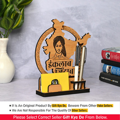GIFT KYA DE 2 Compartments Wooden Bhagat Singh Momento Tabletop Desk Organizer Bhagat Singh Photo Gift(Brown)