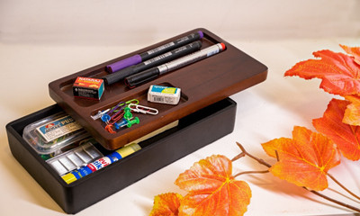 Olha-O 3 Compartments wooden Desk Organizer including slots of pens and other accessories(Black and Brown)