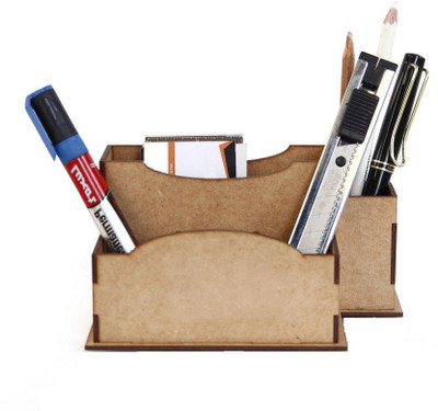 HOSTK 3 Compartments wooden desk organizer pen sstand card holder(Brown)
