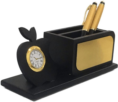 Sambhuya 3 Compartments Wooden Desk Organizer with Pencil Holders | Pen Stand For Home & Office(Black)