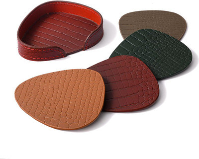Three Sixty 1 Compartments Leather Multicolor Abstract Shape Coasters Set of 4(Maroon)