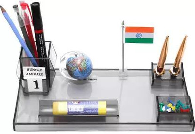 DeskDock 4 Compartments Acrylic Pen Stand & Pen Holder (2 Golden pen )(Smoke Black)