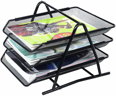 Techsun 3 Compartments Metal Mesh Document Tray For Office File Rack, Desk Organizer, Files/Papers/Letters/folders Holder, Black(Black)