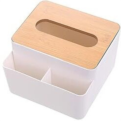 AMEEDARSHAN 3 Compartments Plastic wooden tissue box holder with wooden lid(White)