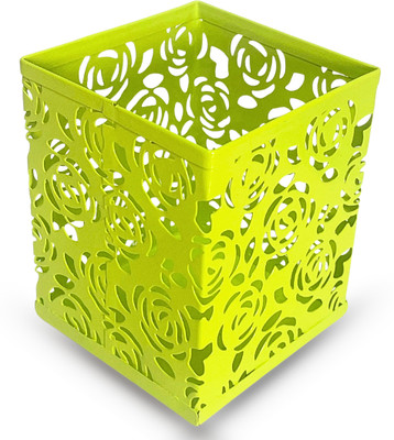 APEX MEDIA AND MARKETING INDIA 1 Compartments Metal Pen / Pencil Holder Square Floral Cut Desk Organizer(Green)