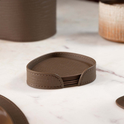 Three Sixty 1 Compartments Leather Abstract Angular Shape Coasters Set of 4(TAUPE)