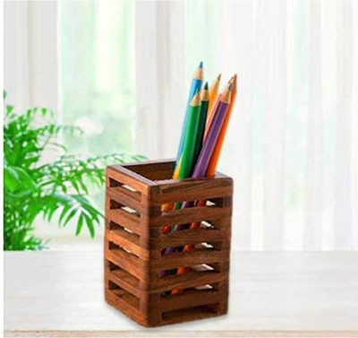 Taargo crafts 1 Compartments Wooden Pencil and pen holder(Brown)