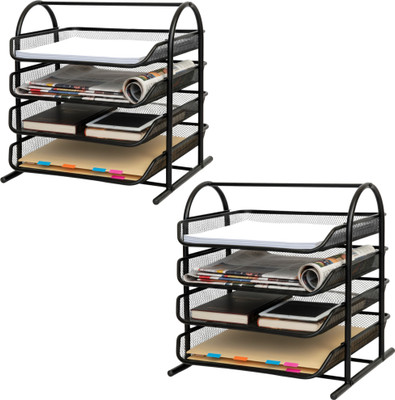 Goodwill Tech 4 Compartments Metal Mesh 4-TierTray Organizer 2-Pk Black,for Home, School, College, and Office Desk file Tray 2pack(Black)