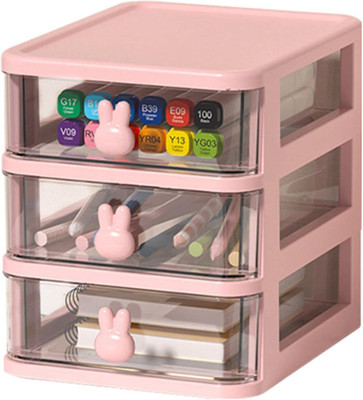 HOUSE OF QUIRK 3 Compartments Plastic 3 Tier Transparent Cosmetic Jewelry Box-Pink-16X17X13.4 Cm(Pink)