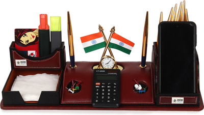 DeskDock 8 Compartments Genuine Leather Multipurpose Desk Organizer Pen Stand Holder with Calculator Watch Flag For Office Table Top With Mobile Holder(Brown)