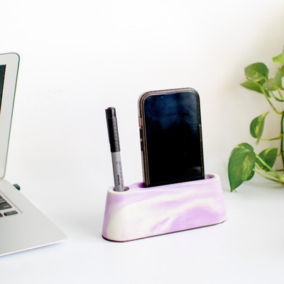 Dwell dapper 2 Compartments Concrete Mobile and Pen Stand(Violet, White)